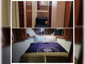 Interior view of a cozy boat cabin featuring a comfortable bed and inviting decor, perfect for relaxing during your nautical adventures.