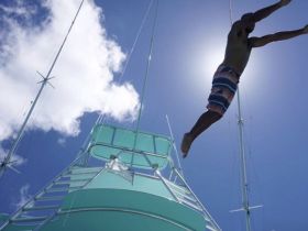 A thrilling moment captured as a person jumps off a boat into the clear blue waters, showcasing the excitement of summer adventures on the water.