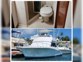 A glimpse inside a boat's bathroom featuring a toilet, showcasing the essential amenities available for comfort while at sea.