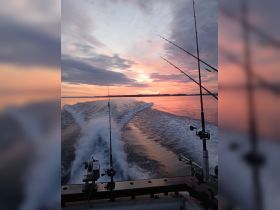 A stunning sunset view from a fishing boat, showcasing the tranquil waters and fishing rods in action — perfect for fishing enthusiasts and sunset lovers.