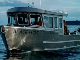 A sleek boat named 'Black Point' navigates through calm waters, showcasing the thrill of boating adventures with friends.