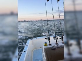 An interior view of a fishing boat showcasing the helm and fishing gear, perfect for a day out on the water.