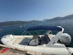 A sleek speedboat docked by the shore, showcasing its spacious seating and modern design against a picturesque mountain backdrop.