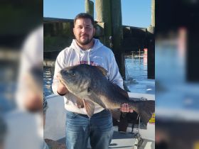 A proud angler displays a large catch while fishing, showcasing the thrill of a successful day on the water.