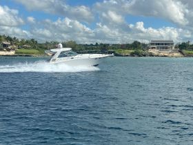 A sleek speedboat glides through the water, showcasing its dynamic design against a picturesque coastal backdrop — perfect for thrilling water adventures.