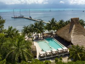 A stunning aerial view of a tropical resort featuring a pier with sailboats, surrounded by lush palm trees and a serene pool area — perfect for vacation getaways and scenic boat trips.