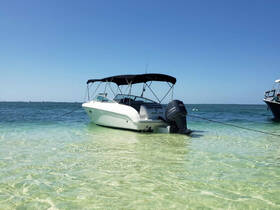 A sleek speedboat is anchored in shallow, clear waters, showcasing a perfect day for boating adventures.