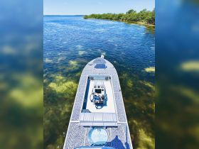 Aerial view of a sleek boat navigating through clear waters, showcasing its modern design and the beautiful natural surroundings.