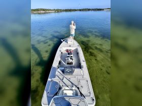 A fisherman casts his line from the deck of a boat in crystal-clear waters, showcasing the thrill of fishing adventures on the water.