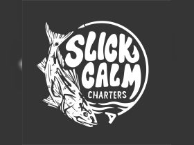 Logo design for 'Slick Calm Charters' featuring a fish illustration, ideal for branding and marketing in the boating and fishing industry.
