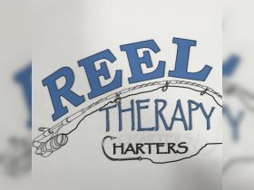 Logo for 'Reel Therapy Charters' featuring fishing imagery, ideal for promoting fishing charters and water activities.