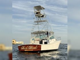 The 'Reel Deal' boat is showcased in a serene setting, highlighting its sleek design and fishing tower, perfect for deep-sea adventures in Biloxi, MS.