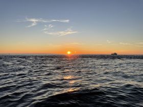 A stunning sunset over the ocean, with a boat silhouetted against the vibrant sky — a perfect moment for evening cruises and scenic views.