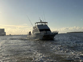 A fishing yacht navigates through the water, showcasing its sleek design and active fishing gear, perfect for a day out on the sea.