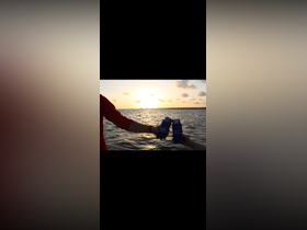 Two people toast with drinks against a stunning sunset backdrop, capturing a perfect moment of celebration on the water.