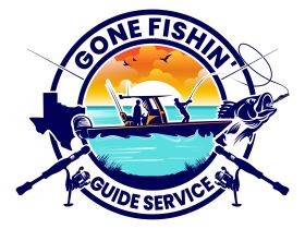 Logo design for 'Gone Fishin' Guide Service' featuring a fishing boat and anglers, ideal for promoting fishing tours and services.