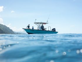A group enjoys a day on the water aboard a fishing boat, surrounded by stunning ocean views and mountains — perfect for adventure seekers.