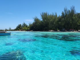 A picturesque view of a boat navigating through crystal-clear turquoise waters, surrounded by lush greenery and a serene island backdrop — perfect for tropical adventures.