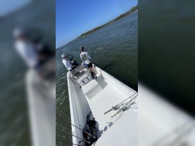 Two anglers enjoy a day of fishing on a boat, showcasing the excitement of on-water activities in a scenic setting.