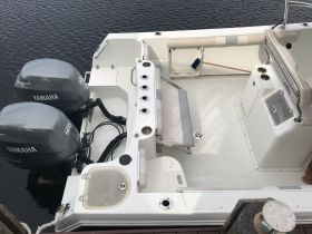 Interior view of a boat's helm and seating area, showcasing a clean and functional design ideal for fishing or leisure outings.