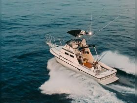 A sleek speedboat named 'Peleador' cuts through the waves, showcasing its impressive design and performance on the open water.