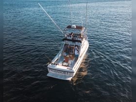 A group enjoys a fishing trip aboard the 'Peleador' boat, showcasing camaraderie and adventure on the open water.