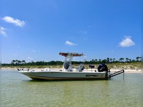A sleek speedboat named 'Epic' docked in shallow waters under a clear blue sky, perfect for day trips and water adventures.