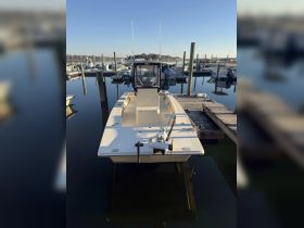A clear view of a center console boat docked at the marina, showcasing its sleek design and surrounding vessels in calm waters.
