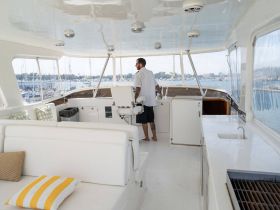 A well-designed helm area inside a yacht, featuring modern amenities and a spacious layout, perfect for navigating the open waters.