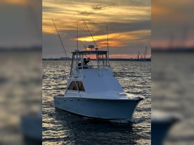 A fishing boat cruises through shimmering waters at sunset, with a captain waving from the helm — a perfect scene for evening adventures on the water.