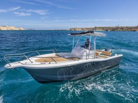 A sleek speedboat navigates through vibrant blue waters, showcasing a perfect day for boating adventures.