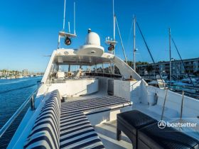 Interior view of a spacious boat cabin featuring stylish seating and a well-equipped helm, perfect for comfortable cruising and entertaining on the water.