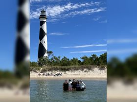 A group of friends enjoys a sunny day swimming near a striking lighthouse, capturing the essence of beach fun and camaraderie.