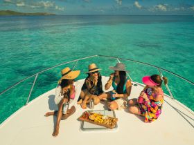 A lively group enjoys snacks and drinks on the bow of a boat, surrounded by stunning turquoise waters — the perfect setting for a fun day on the water.