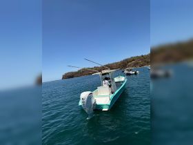 A sleek speedboat is captured underway in clear waters, showcasing its vibrant design and fishing rods, perfect for a day of adventure on the sea.