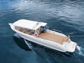 A speedboat glides through clear waters with a captain at the helm, showcasing the perfect vessel for thrilling water adventures.