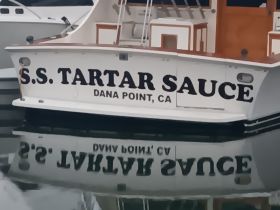 The S.S. TARTAR SAUCE is docked in Dana Point, CA, showcasing its unique name and design, perfect for fishing or leisure outings.