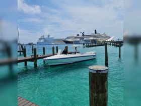 A sleek speedboat is docked in vibrant turquoise waters, with cruise ships in the background, showcasing a perfect day for boating adventures.