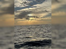 A serene view of the ocean at sunset, featuring dramatic cloud formations and reflective water. Ideal for capturing the beauty of nature.
