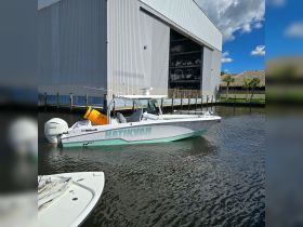 A sleek speedboat named 'Hatikvah' docked near a marina, showcasing its modern design and features.