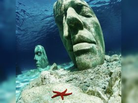 An underwater scene featuring striking sculptures and a vibrant red starfish resting on the ocean floor, showcasing the beauty of marine art and wildlife.