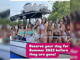 A lively group of friends poses on a boat, showcasing their summer vibes and excitement for upcoming adventures — perfect for party bookings and summer fun.