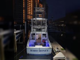 A striking view of the 'Hard Money' boat docked at night, illuminated by ambient lights, showcasing its sleek design against a backdrop of city lights.