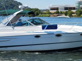 A sleek yacht is seen cruising on the water, showcasing its elegant design and charter information — perfect for those looking to enjoy a day on the water.