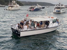 A lively group enjoys a celebration aboard a boat, surrounded by other vessels in the water — perfect for social gatherings and memorable experiences on the water.