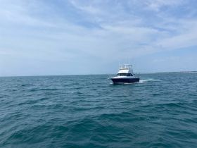 A sleek speedboat navigates through the open waters, showcasing its impressive design and performance on a clear day.