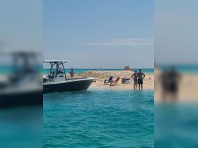 A group enjoys a sunny day at a sandbar, with a boat anchored nearby and beach chairs set up for relaxation — perfect for a fun day on the water.