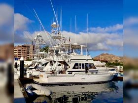 A stunning fishing yacht docked at the marina, showcasing its sleek design and fishing gear, perfect for a day out on the water.