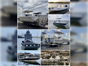 A collage showcasing various fishing boats, including a center console and a trailer, highlighting their features and readiness for the water.