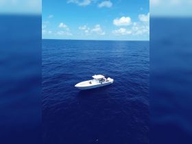 Aerial view of a boat cruising through deep blue waters, showcasing a group enjoying their time on the ocean — perfect for adventure seekers and fishing enthusiasts.